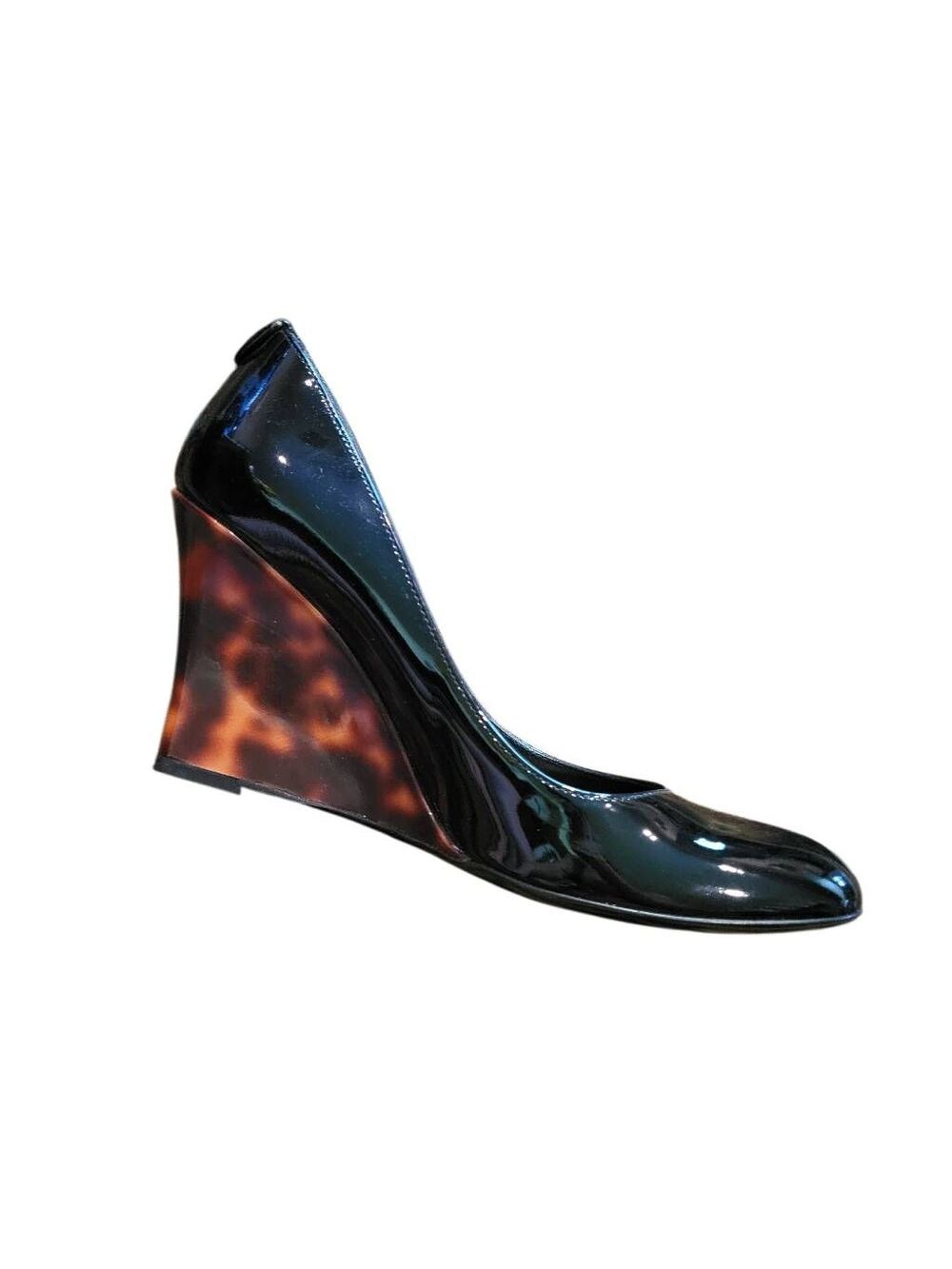 Gucci SINGLE Shoe Wedge Women's 7 Patent Leather Tortoiseshell High Heel